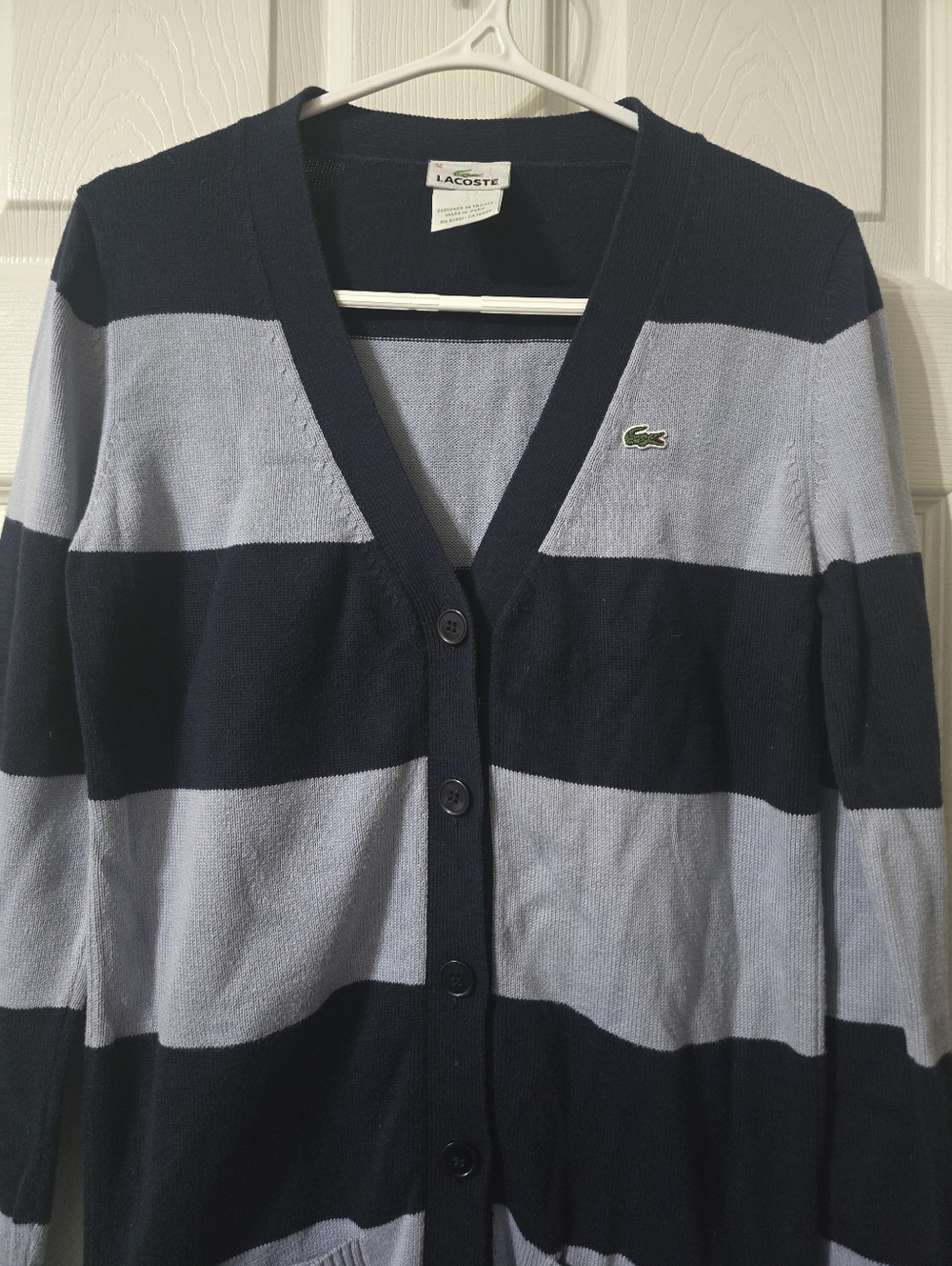 Y2K Lacoste Rugby Stripe Tunic Length Button Down Cotton Knit Cardigan Sweater. - Picture 4 of 12